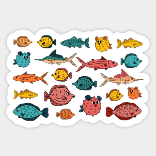 Set of outline different cartoon underwater fish, tang, flounder, tuna, ocean burrfish, sea marlin. Doodle isolated animals Sticker